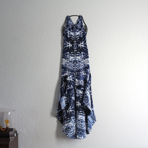 Intermix womens dress sz S silk zipper front high low maxi cross back blue - Picture 1 of 9